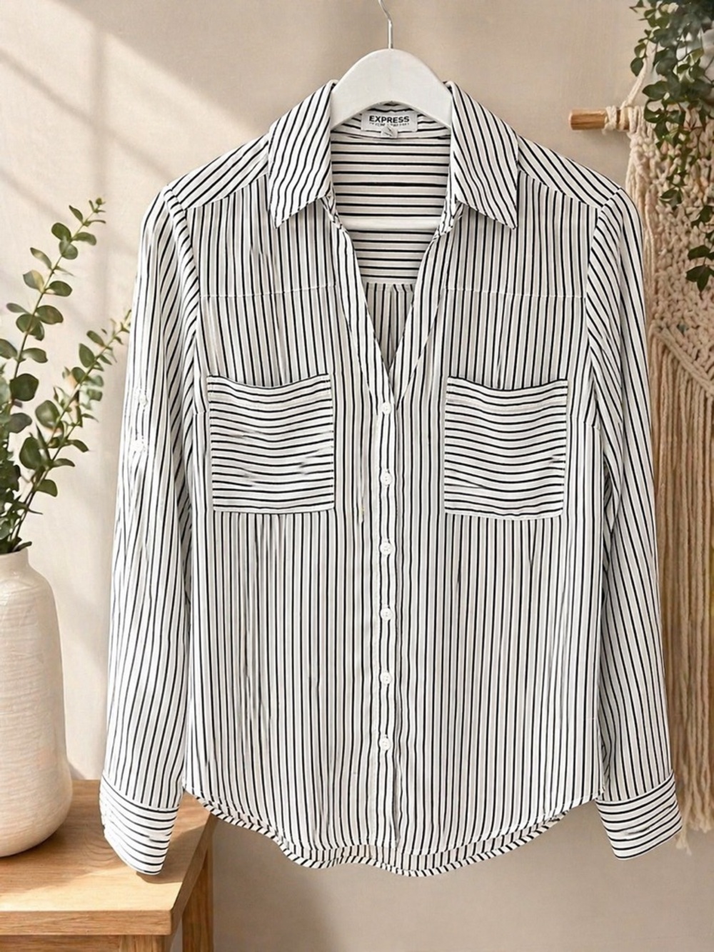 Express White and Black Vertical Stripe Button-Down Shirt